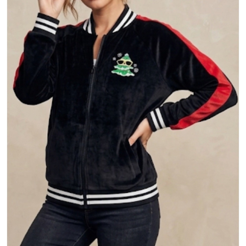 Blizzard Bay Black & Red Velour Christmas Tracksuit Jacket L "Feeling Festive"